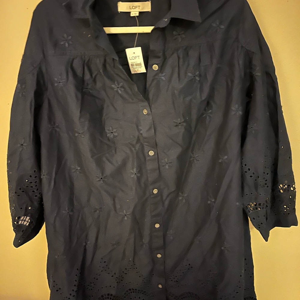 Loft Women’s Navy Blue Eyelet Dress Size M
